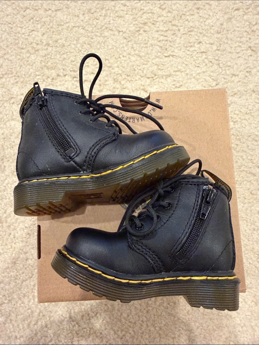 Dr. Martens Kids Black Leather Lace-Up Boots with Yellow Stitching